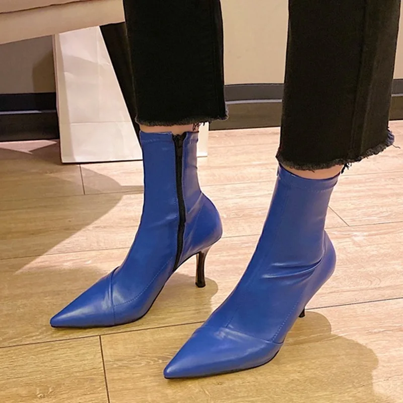 Классические женские ботильоны на молнии сбоку остроносые эластичные ботинки