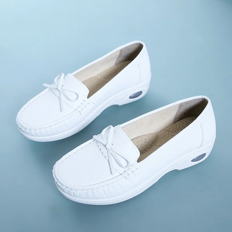 

Fashion PU Leather Women Shoes Soft Bottom Slip on White Wedge Casual Women Shoes Comfortable Nurse Working Shoes