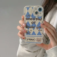 korean ins cute cartoon bumper geometric lozenge bear phone case for iphone 13 12 11 pro xs max xr x 7 8 plus soft back cover