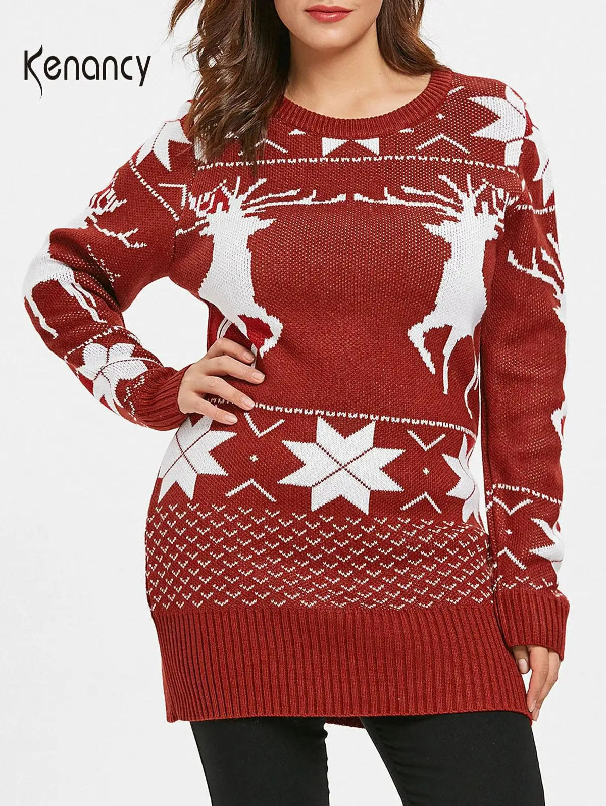 Kenancy размера плюс Рождественский свитер женские трикотажные пуловеры с круглым