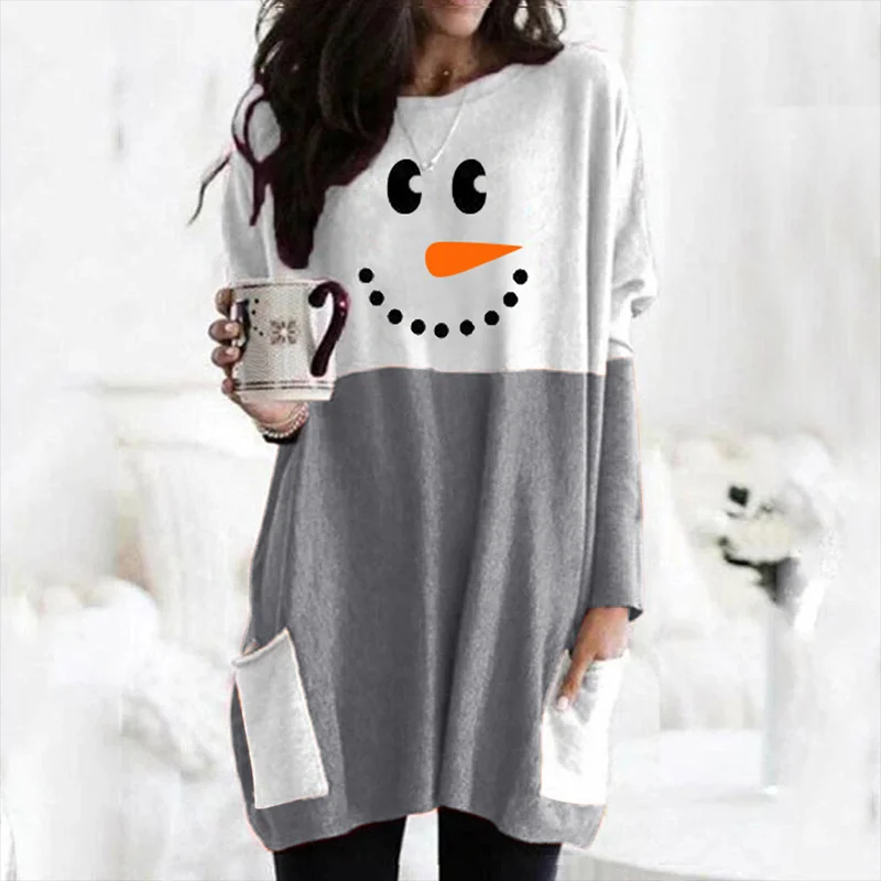 

Christmas Snowman Print Long Sleeve Dress Oversized Top with Pocket for Women FS99