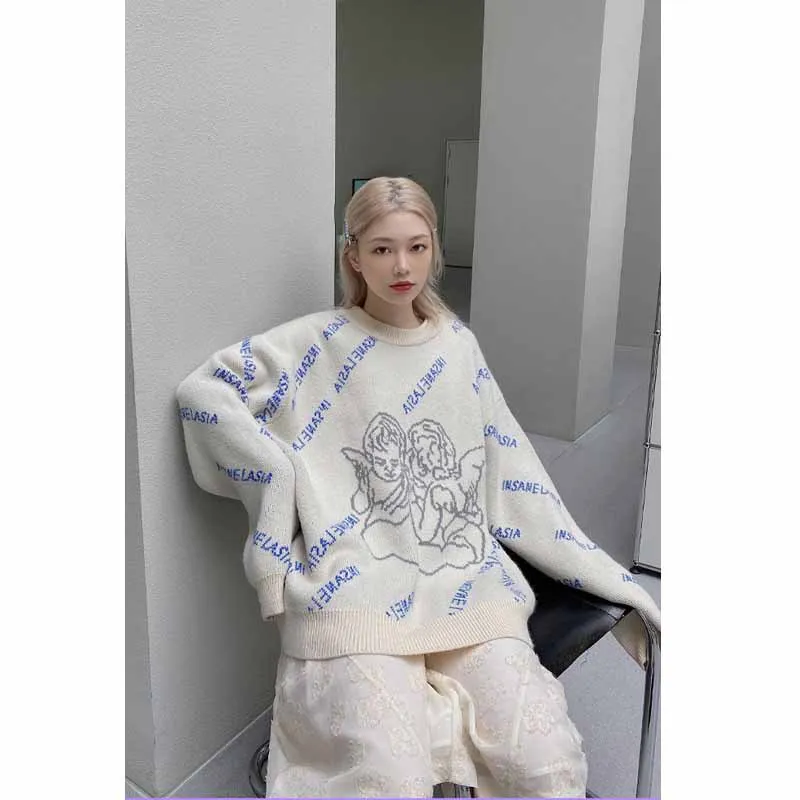 

Jane Deiune 2021 Autumn winter Women Angel Letter Print Loose Knitted Pullovers Fashion Vintage Streetwear Sweater Warm Tops