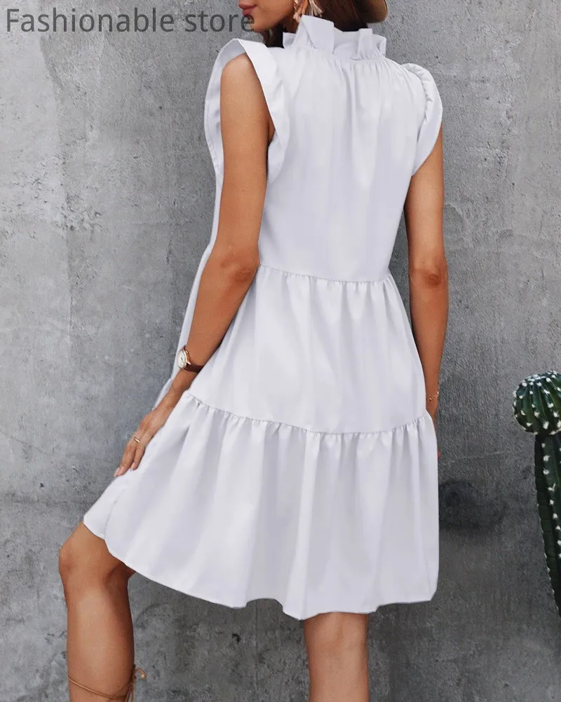 

Women Sound Neck Ruffles Design A-line Solid Color Summer Dress