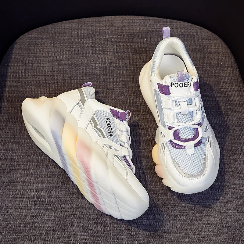

GPOKHDS 2021 Women Chunky Sneakers Cow Leather Rainbow Increasing White Color Casual Trend Female Comfortable Vulcanize Shoes
