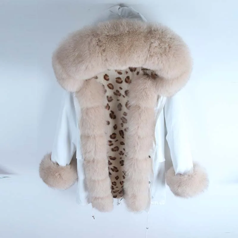 Rabbit Leopard Новая зимняя куртка женская красная лиса леопардовая кроличья меховая подкладка енота меховая парка натуральный Лисий меховой воротник верхняя одежда S-7XL - Цвет: Rabbit Leopard