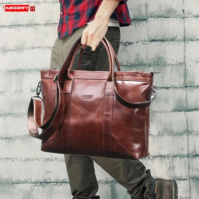 Casual Leather Men's Bag Business Briefcase Men Handbags 14-inch Computer Bag Genuine Leather Male Laptop Bag Travel Bags Brown