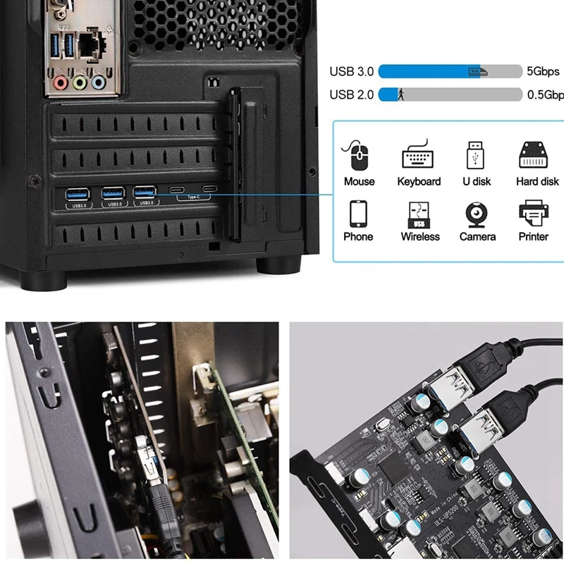 

7-Port PCI-E to Type C (2), with 2 Rear USB 3.0 Ports PCI Express Card Desktop PC for Windows Linux Expansion Card