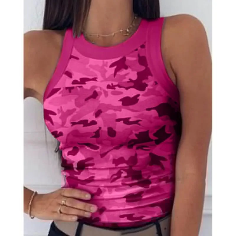 

Digital printed women's round neck racer vest sexy summer camouflage printed sleeveless vest women2021