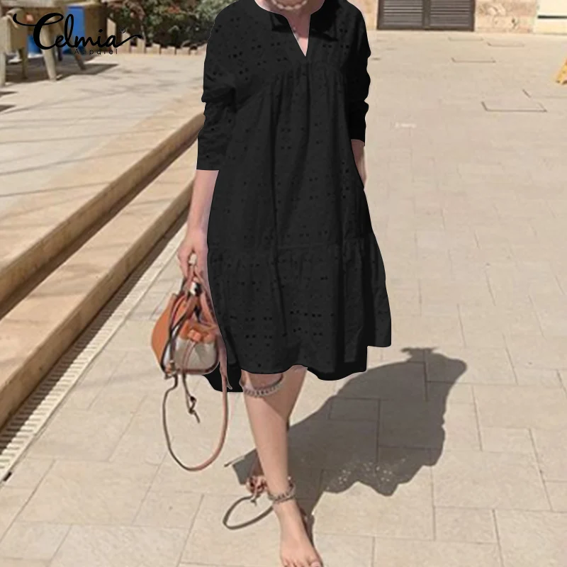 Celmia Elegant Cotton Embroidery Women's Dress Ruffled Korean White Dress New Sexy V-neck Hollow Party Vesridos Plus Size