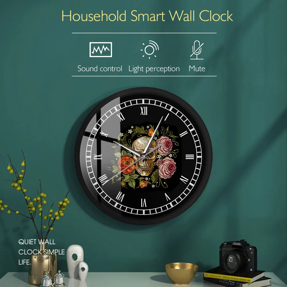 Old School тату черепа розы металлический каркас светодиодный настенные часы