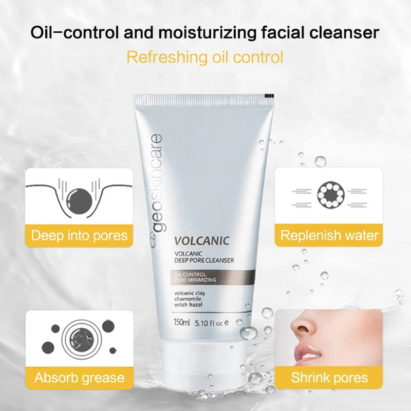 Geoskincare Face Cleanser Facial Cleansing Volcanic Rock Mud Pore 150ml Acne Oil Control Blackhead Remover Shrink Pores | Красота и