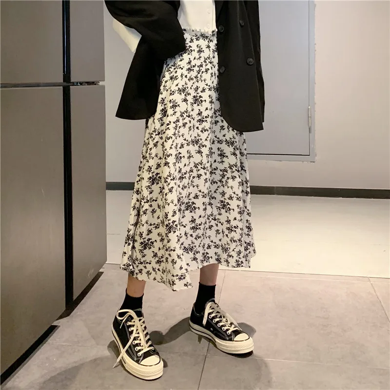 

POUNGDUDU 2021 Spring Floral Skirts For Women Skirts Woman High Waisted Elastic Chiffon Korean Style Girls Student Fresh A-Line