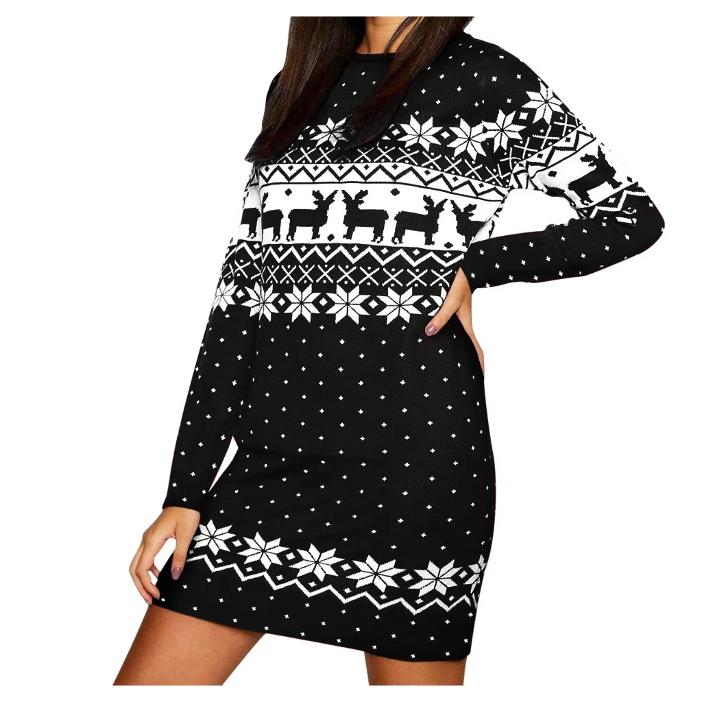 Black Vestidos ropa mujer, рождественское платье, женские толстовки с рождественским принтом, с длинным рукавом, снежинка, Мини платье для вечеринки, roupa feminina - Цвет: Black