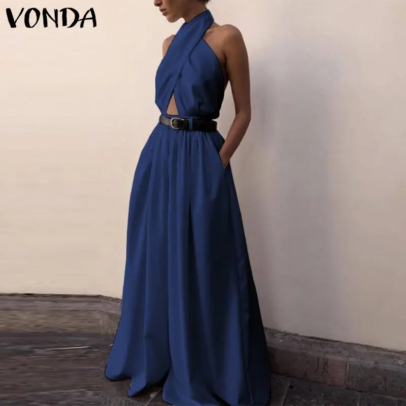 

Комбинезон VONDA женский с высокой талией, пикантный однотонный вечерний Повседневный длинный брючный костюм без рукавов, на весну