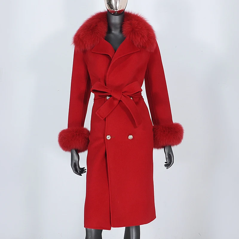 

2021 Fashion Cashmere Wool Blends Real Fur Coat Double Breasted Winter Jacket Women Natural Fox Fur Collar and Cuffs Streetwear