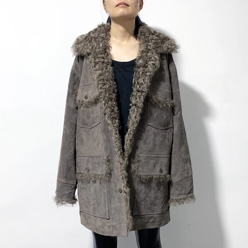 

rf1994 New Grunge Style Oversized Genuine Leather Coat Woman Pigskin Jacket with Real Sheep Fur Coat