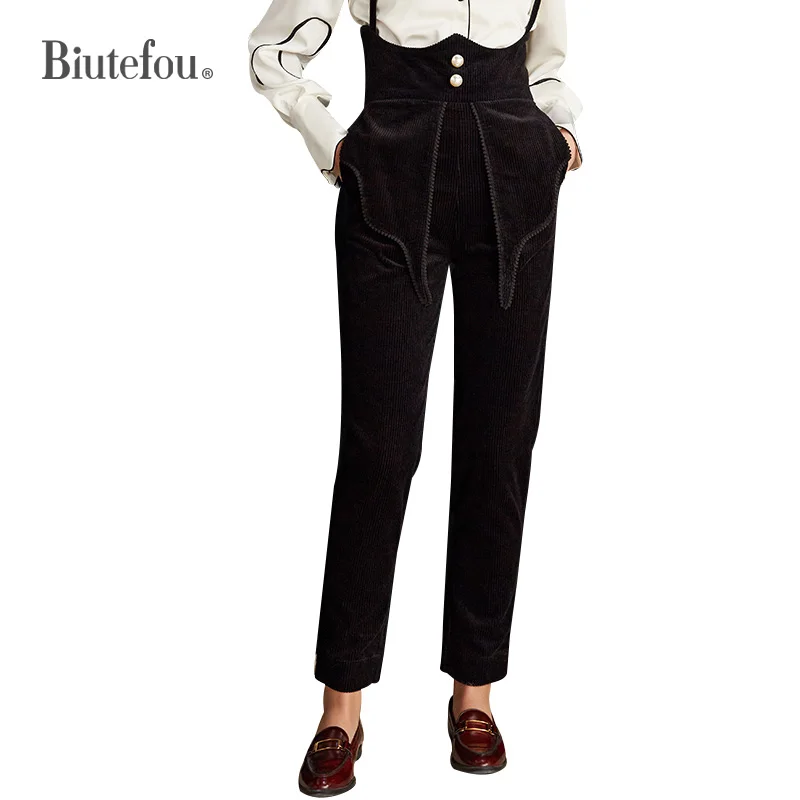 【Biutefou】Original Design 2022 Spring Women High Waist Corduroy Suspender Trousers