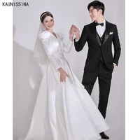 kaunissina satin vintage wedding dress long sleeve deep v neck a line simple wedding gowns custom made bride marriage vestidos