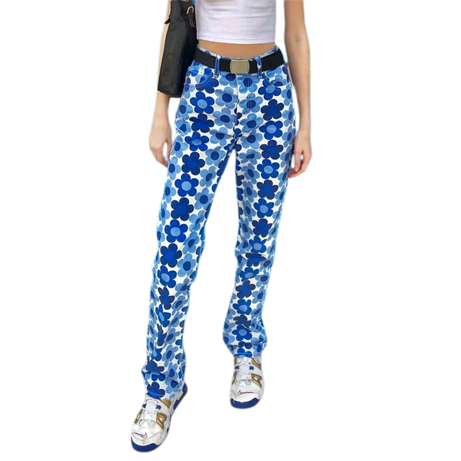 

Floral Print High Waist Women's Jeans 90s Streetwear Trousers Baggy Leg Pants Y2K Mom Boyfriend Pants Loose Fit Denim Capris