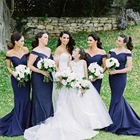 Винтажное темно-синее платье с открытыми плечами, платье подружки невесты с юбкой-годе, платье со шлейфом для свадебной вечеринки, строгие платья