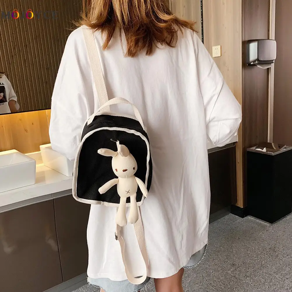 

Rabbit Pendant Canvas Book Bag Women Crossbody Shoulder Cartoon Backpacks