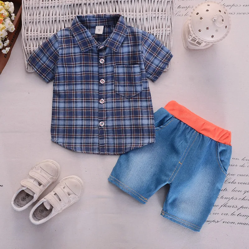 Summer new Boys Clothing Baby boy cute plaid short-sleeved shirt + shorts Set 2 pieces Children Sets |