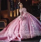 Розовое платье принцессы для Quinceanera с открытыми плечами 3D Цветочный корсет на шнуровке топ 15 вечерние блестящие платья на день рождения сладкий 16-дебютант