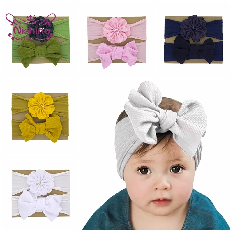 

Nishine 2pcs/set Lovely Handmade Flowers Baby Elastic Headband Solid Color Bowknot Infant Nylon Hairband Fashion Bows Headwear