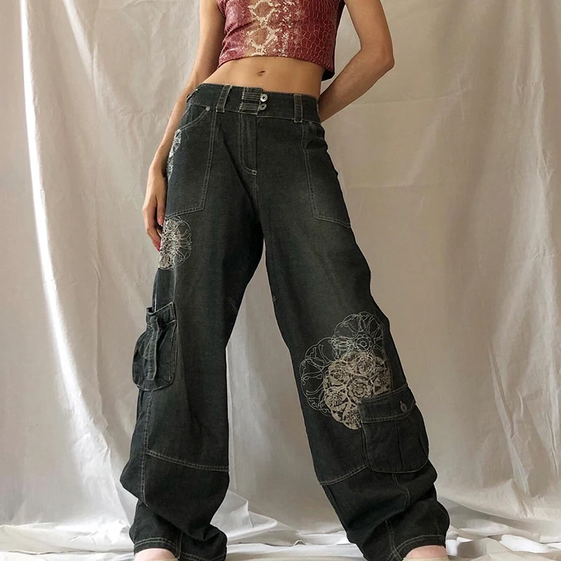 

Women Mid Waist Loose Straight Denim Pants Capri 2000s Retro Punk Style Boyfriend Baggy Jeans Pocket Hip Hop Harajuku Trousers