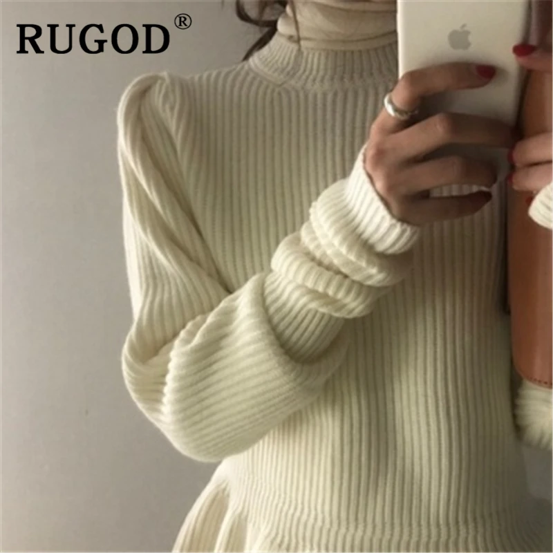 RUGOD Korean chic white sweater women elegant Ruffles puff sleeve slim knitted pullovers Fashion office ladies Winter knitwear | Женская