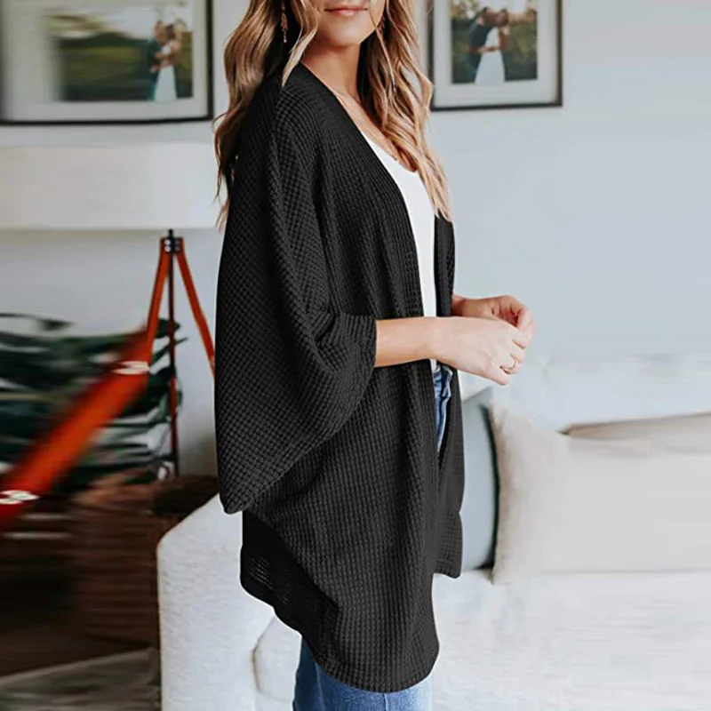 

2021 New Women V-Neck Batwing Sleeve Long Cardigan Coat Spring Autumn Solid Loose Ladies Jackets Three Quarter Sleeve Streetwear