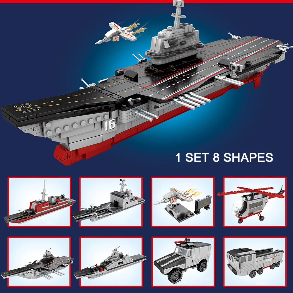 

8 in 1 Military 1120pcs Aircraft Carrier Liaoning Ship Building Blocks Fighter Bricks Plane Car Children Toys Kids Gifts