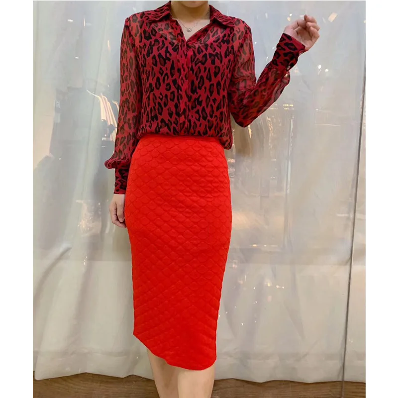 Женская блузка с длинным рукавом красная Повседневная шелковая леопардовым