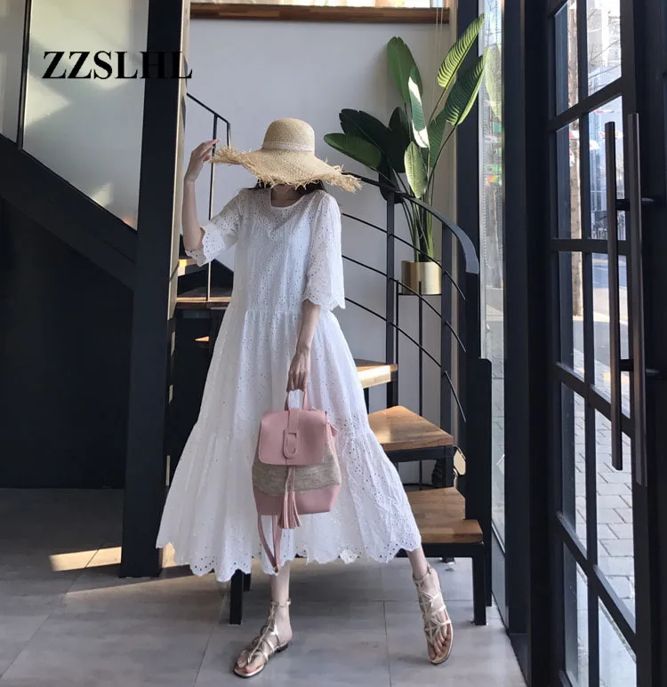 

Lolita chic summer sweet hollow long dress loose short sleeve dress