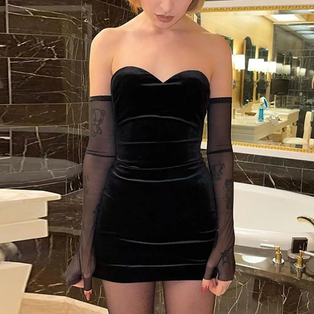 

Dress Tube Top Separated Gauze Sleeves Black Backless Clubwear Short Dress for Party