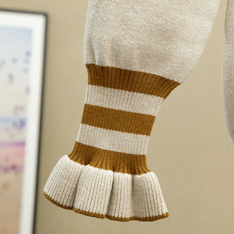 GIGOGOU Ruffled Collar Sweater Women Autumn Winter Thick Female Jumper Top Bowtie Bead Preppy Campus School Girl Pullove | Женская