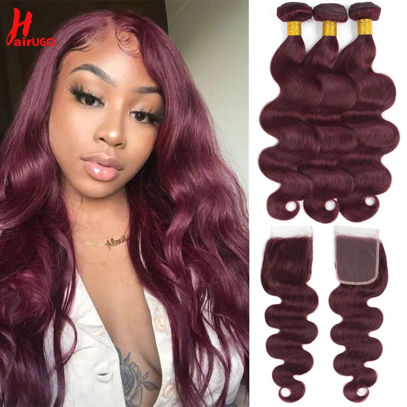 

HairUGo Malaysian 99J Body Wave Hair Bundles With Closure Burgundy Ombre Human Hair Bundles Deals Remy Hair Extensions