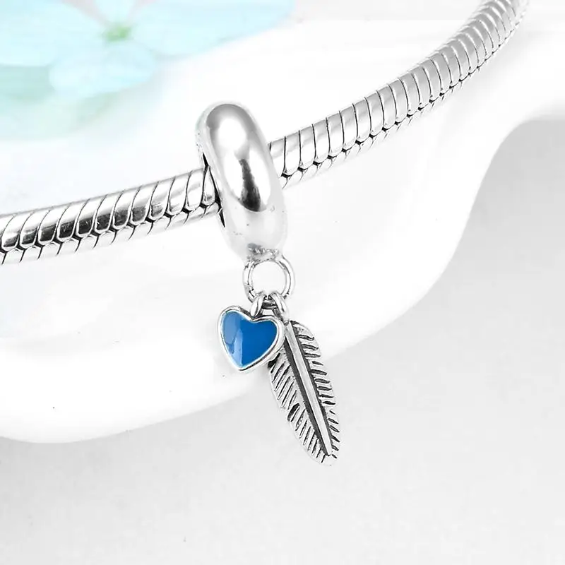 Бусина Шарм сердца из серебра 925 пробы с перьями и синей эмалью|Ювелирные шармы| |