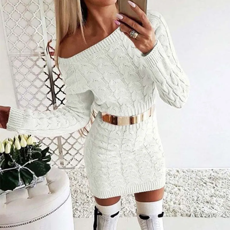 2019 Autumn Long Sweater Dress Women Winter Warm Thicken Off Shoulder Knitted Dresses Ladies | Женская одежда
