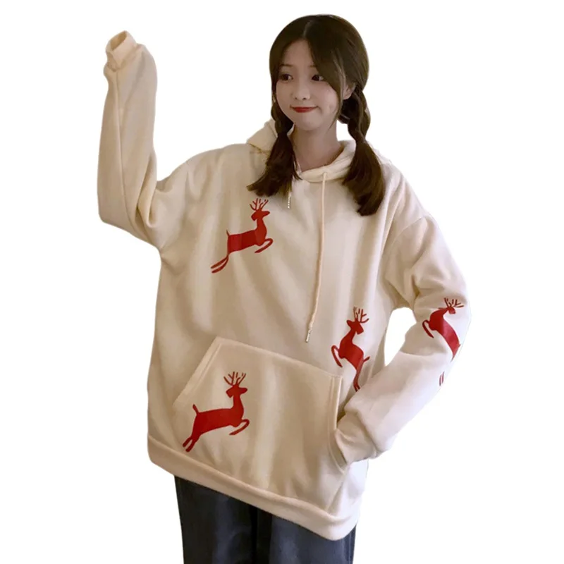 

2021 Autumn Winter Women Korean Style Loose Christmas Deer Print Long Sleeve Plus Velvet Thick Casual Cute Hooded Top Sweater