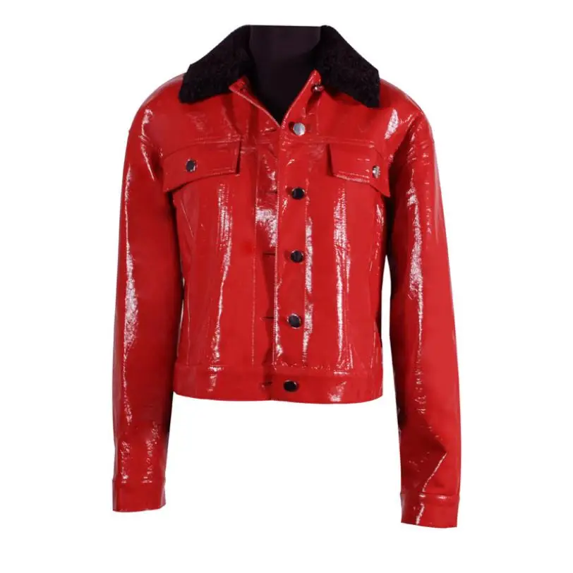 glossy red Осенняя Новая тонкая блестящая куртка из искусственной кожи, женская короткая универсальная однобортная куртка из искусственной кожи F204 - Цвет: glossy red