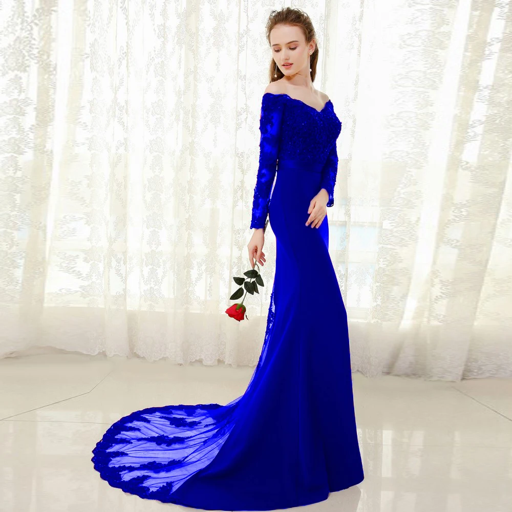 Vestido de festa Longo русалка кружевной Топ Лиф тонкая линия Длинные подружки невесты платья быстрой доставки очаровательные свадебные вечерние платья Новые - Цвет: Синий
