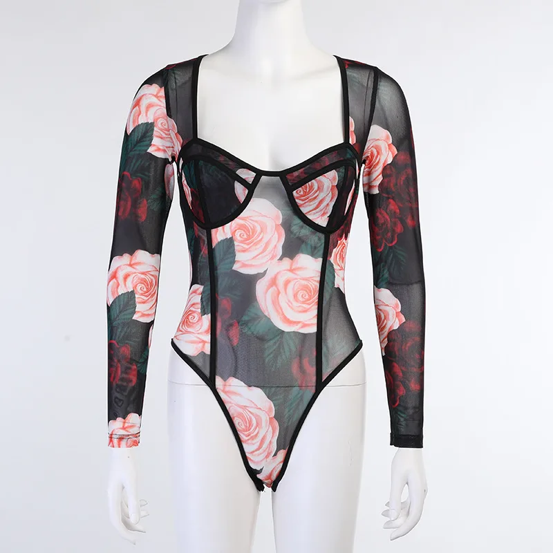 

Shestyle Mesh See Through Bodysuits Women Sexy Wrap Sqaure Neck Vintage Rose Floral Printed Black Body Long Sleeve Spring 2021