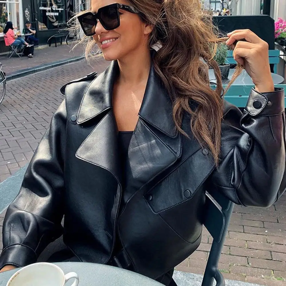 Bzoosio черная короткая Свободная куртка из искусственной кожи осенне зимняя мягкая