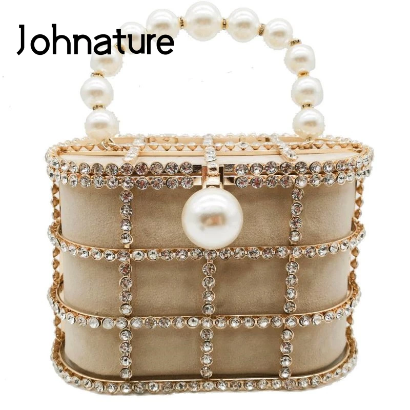 Женские вечерние сумки с цепочкой Johnature металлическим украшением из жемчуга и