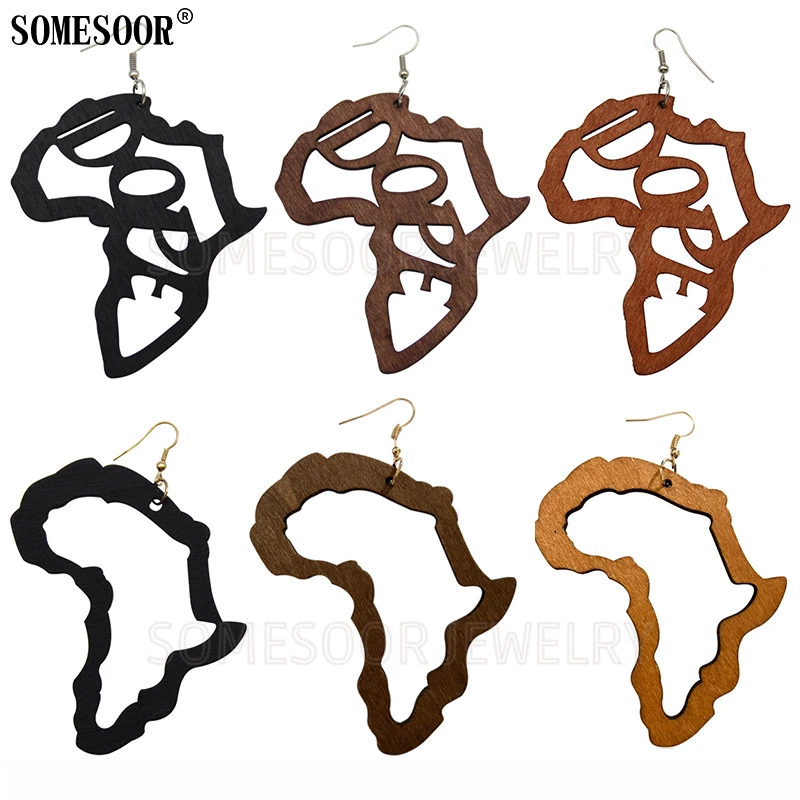 

SOMESOOR 2020 New Pattern Laser Engraved African Map Pendants Dope Wooden African National Style Drop Earrings For Women