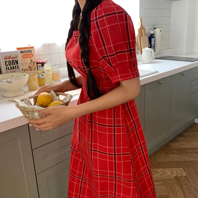 Женское платье в клетку GALCAUR летнее с квадратным воротником пышным рукавом и