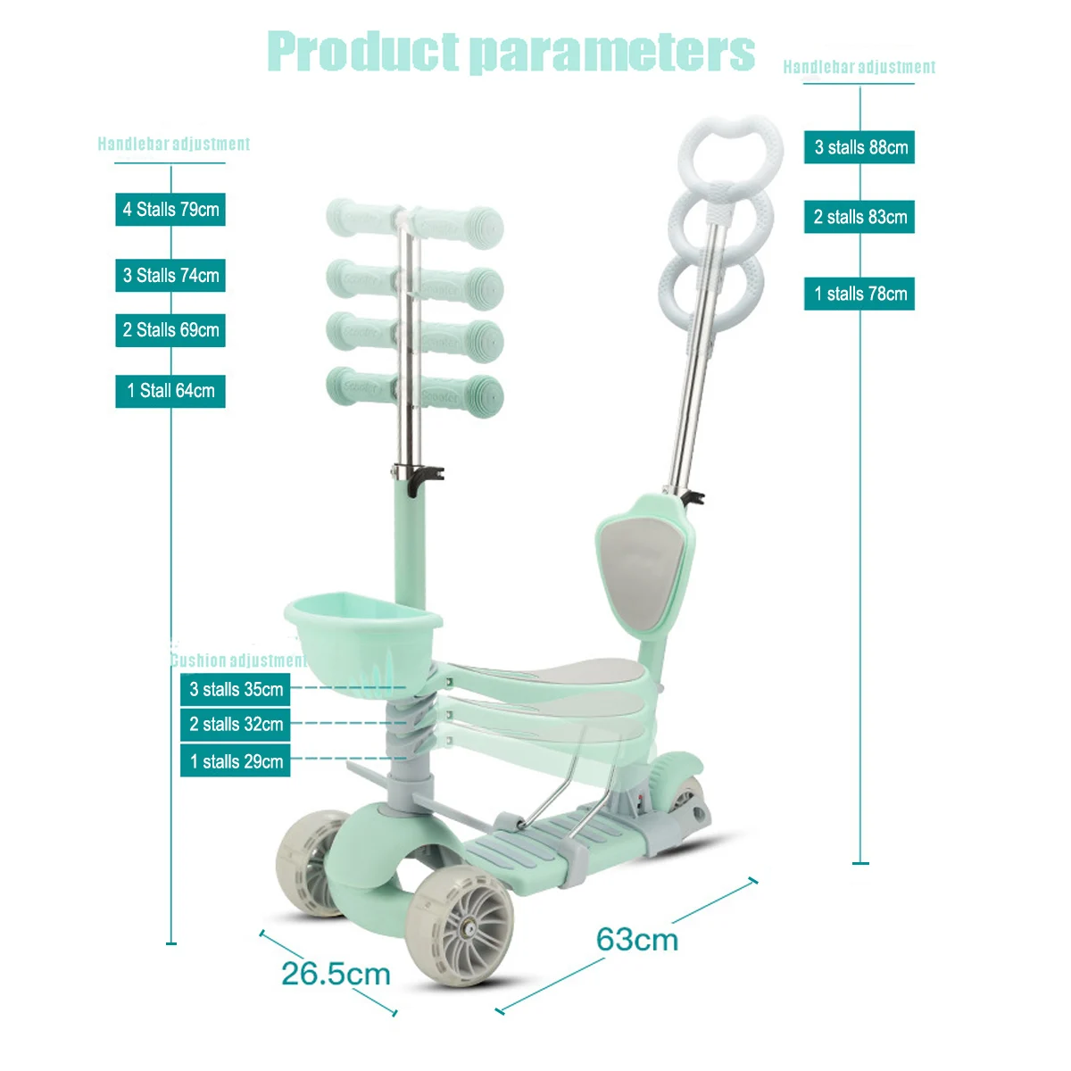 

Children Three Wheel Balance Bike Scooter 3 In 1 Multi-function LED Tricycle Ride Car Toy Walker For children 3 to 6 Years Old