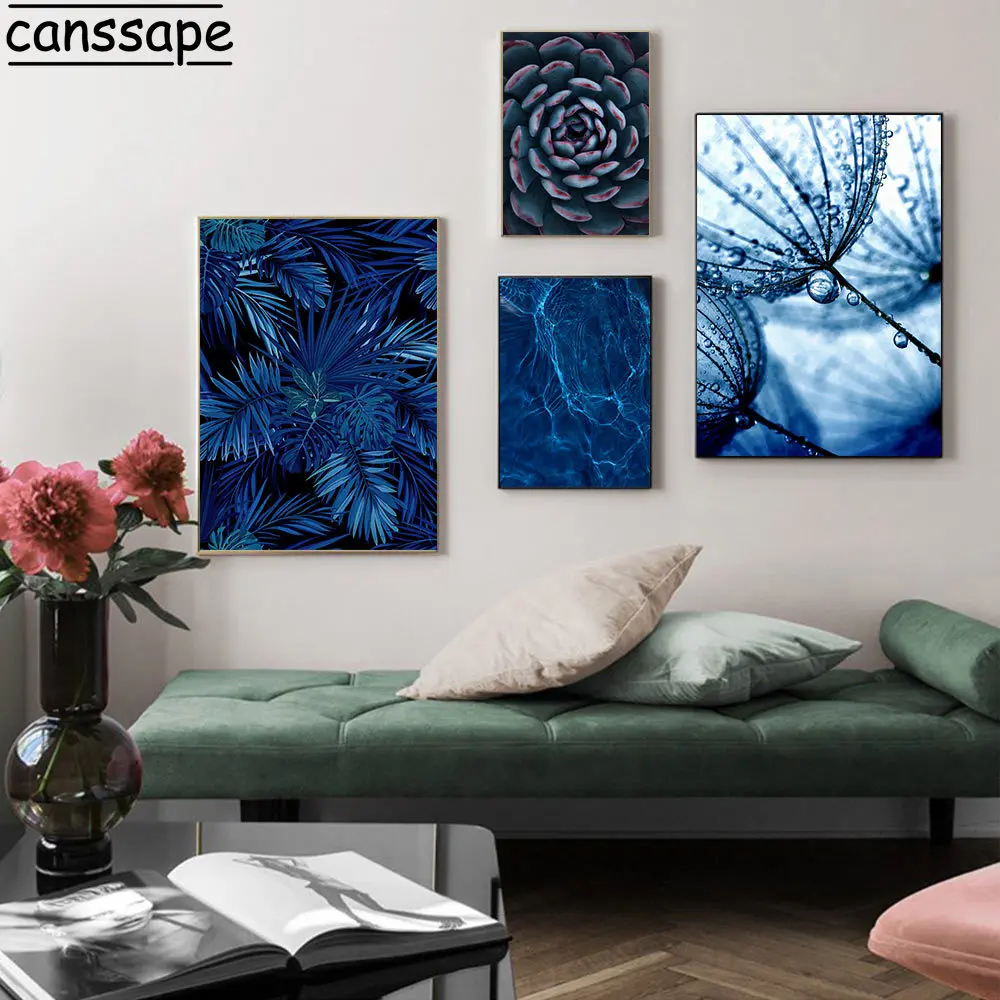 Суккуленты листья монстеры плакат Скандинавская настенная живопись Синий