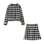 Женский винтажный костюм из 2 предметов, черный клетчатый блейзер в клетку с жемчужными пуговицами, короткая юбка с высокой талией и длинным рукавом